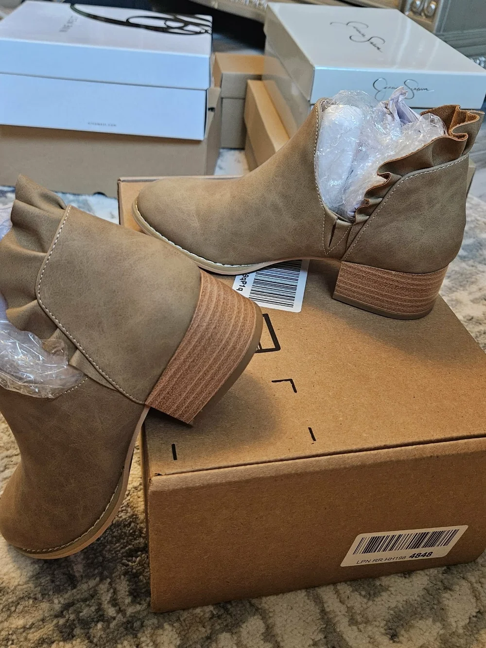 Women’s Taupe Ruffle-Trim Ankle Booties